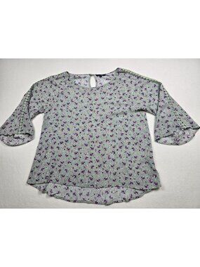 Papermoon Womens Floral Print Blouse Small Keyhole Back Green & Purple